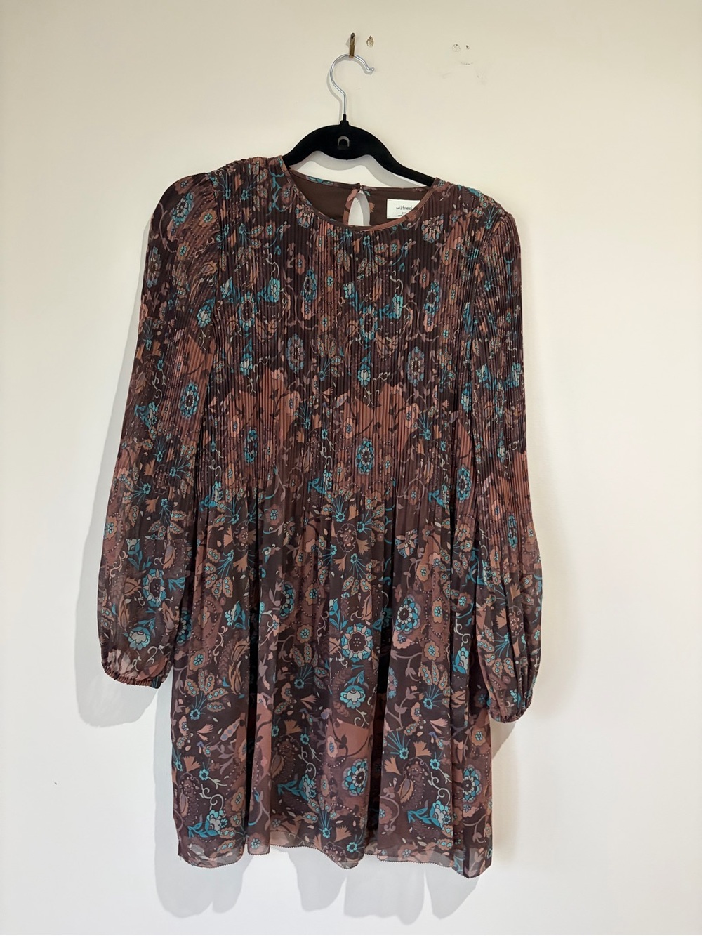 Wilfred Aritzia Brown Blue Floral Long-Sleeve Pleated Boho Paisley Mini Dress